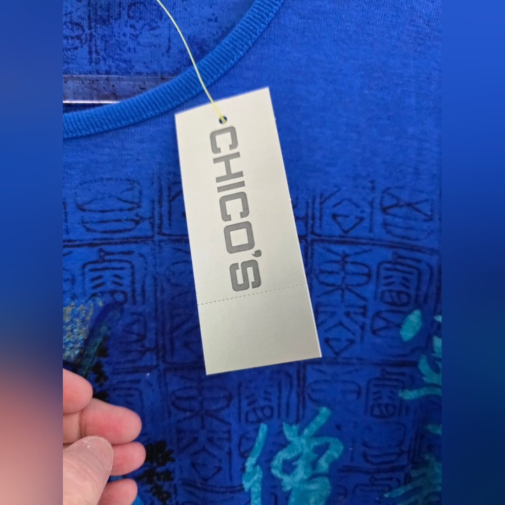 NWT Chicos Designs Blue Asian Pattern L Sleeve Pull Over CottonShirt. Ladies 16. - Picture 3 of 9